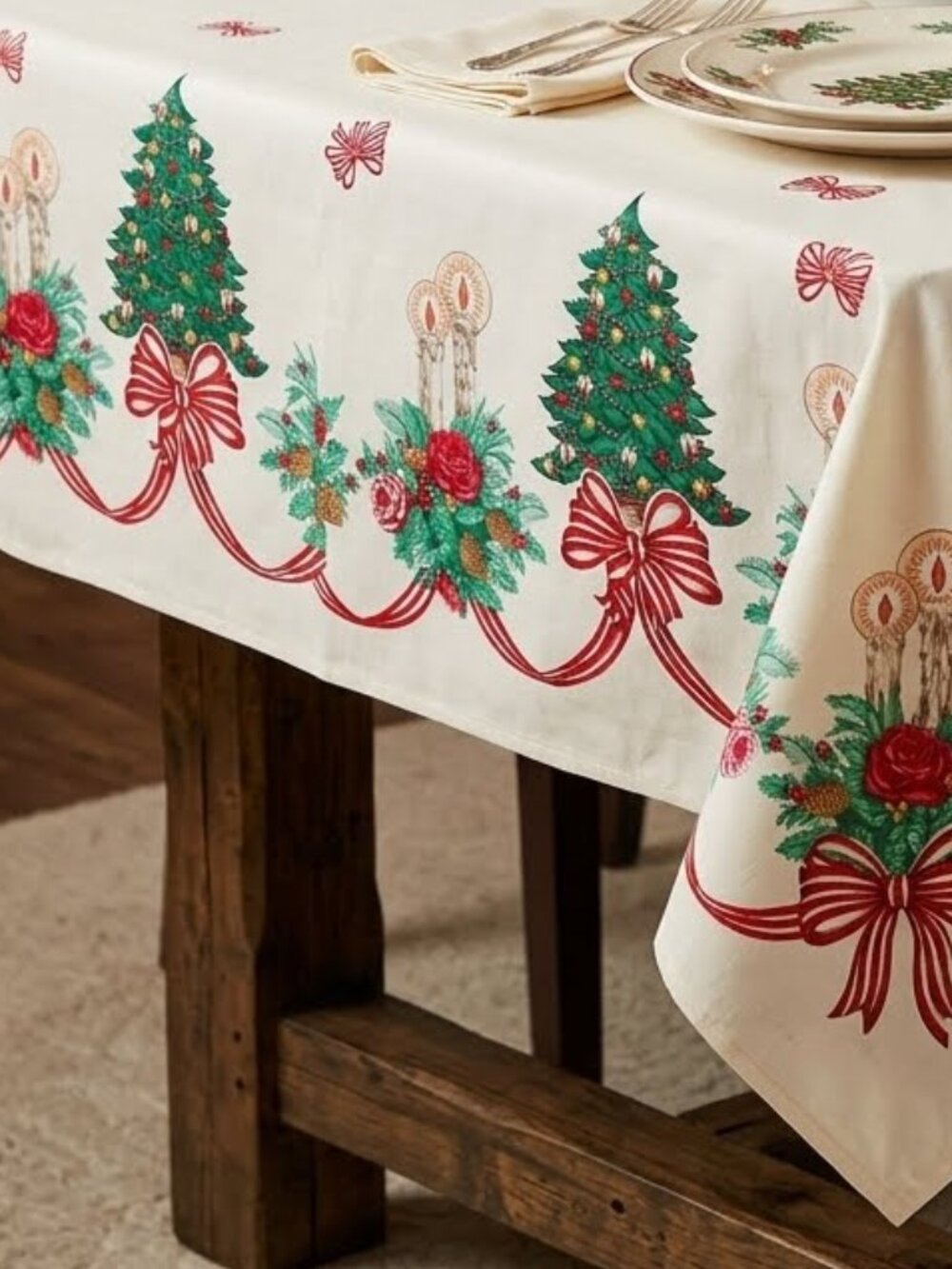 Vintage 1980s Wamsutta Rectangle Christmas Tablecloth Dining Table Linens